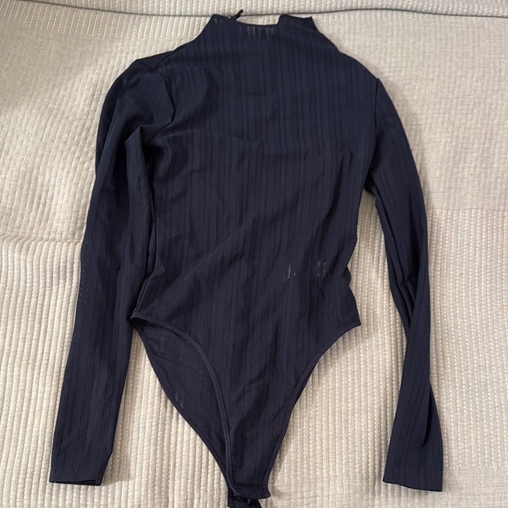 ALO Yoga Blue Bodysuit with Textured Knit and High Neck